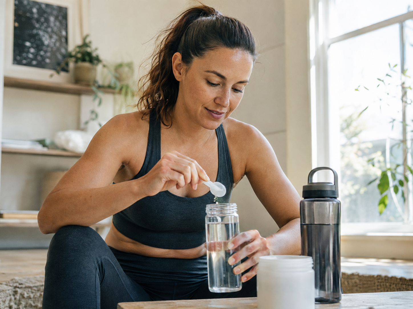 Active woman preparing a hydration drink