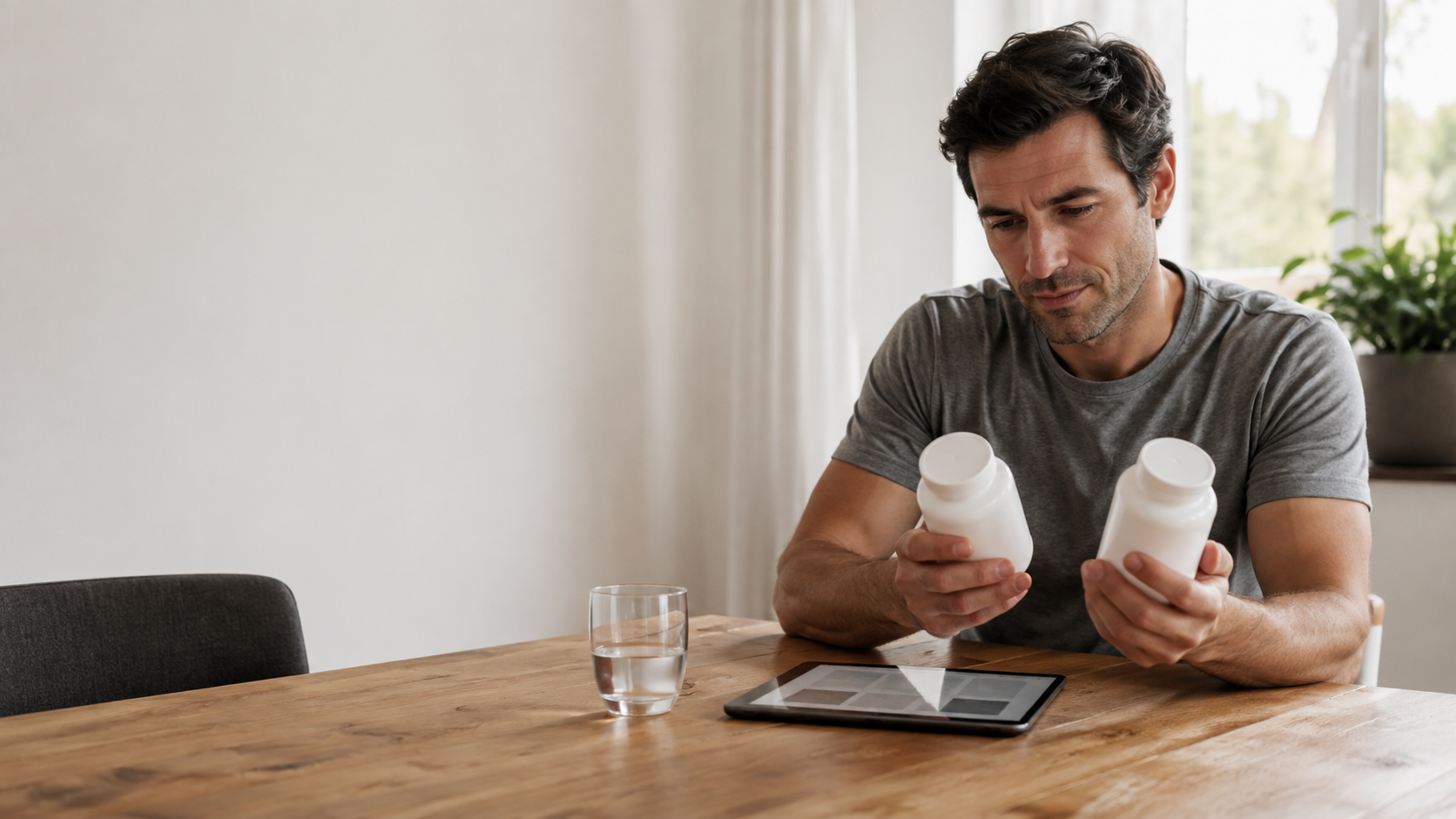 Customer comparing supplement information before choosing